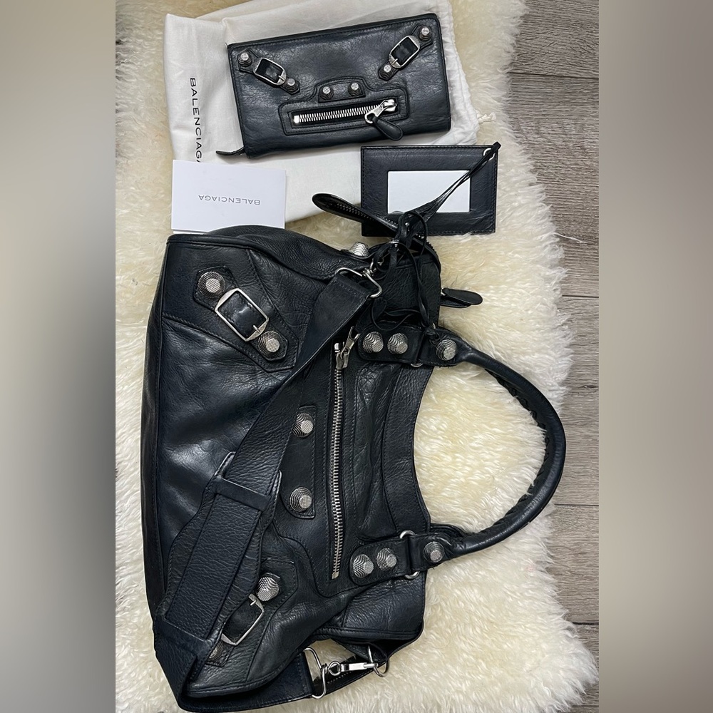 Balenciaga Black Leather Shoulder Bag with Wallet and Card Holder
